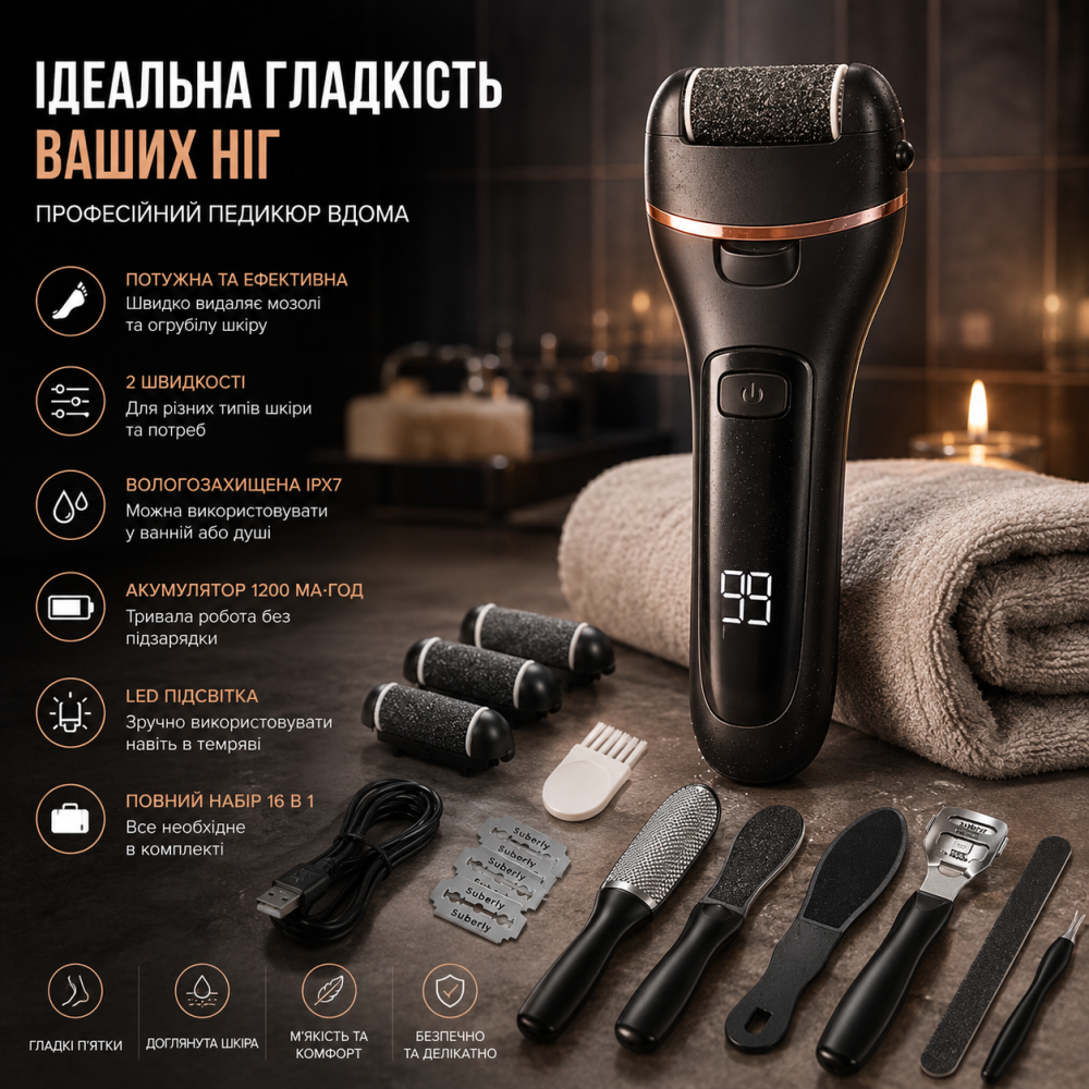 Електрична пемза для ніг OEM T001 3 Вт акумуляторна роликова пилка з LED, 2 швидкості, водонепроникна, набір для педикюру Київ - фото 7