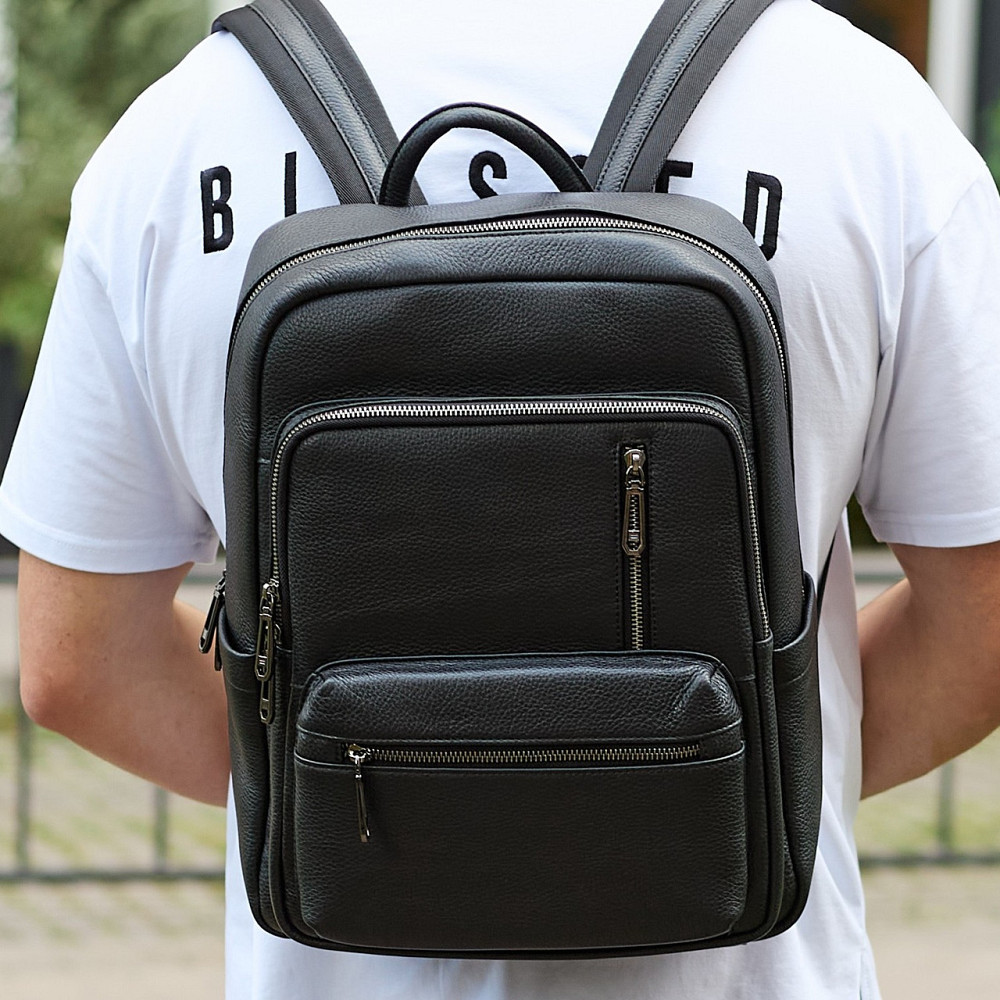 Міський чоловічий рюкзак із натуральної шкіри 40х30х18, наплічник для роботи та подорожей, чорний Київ - фото 1