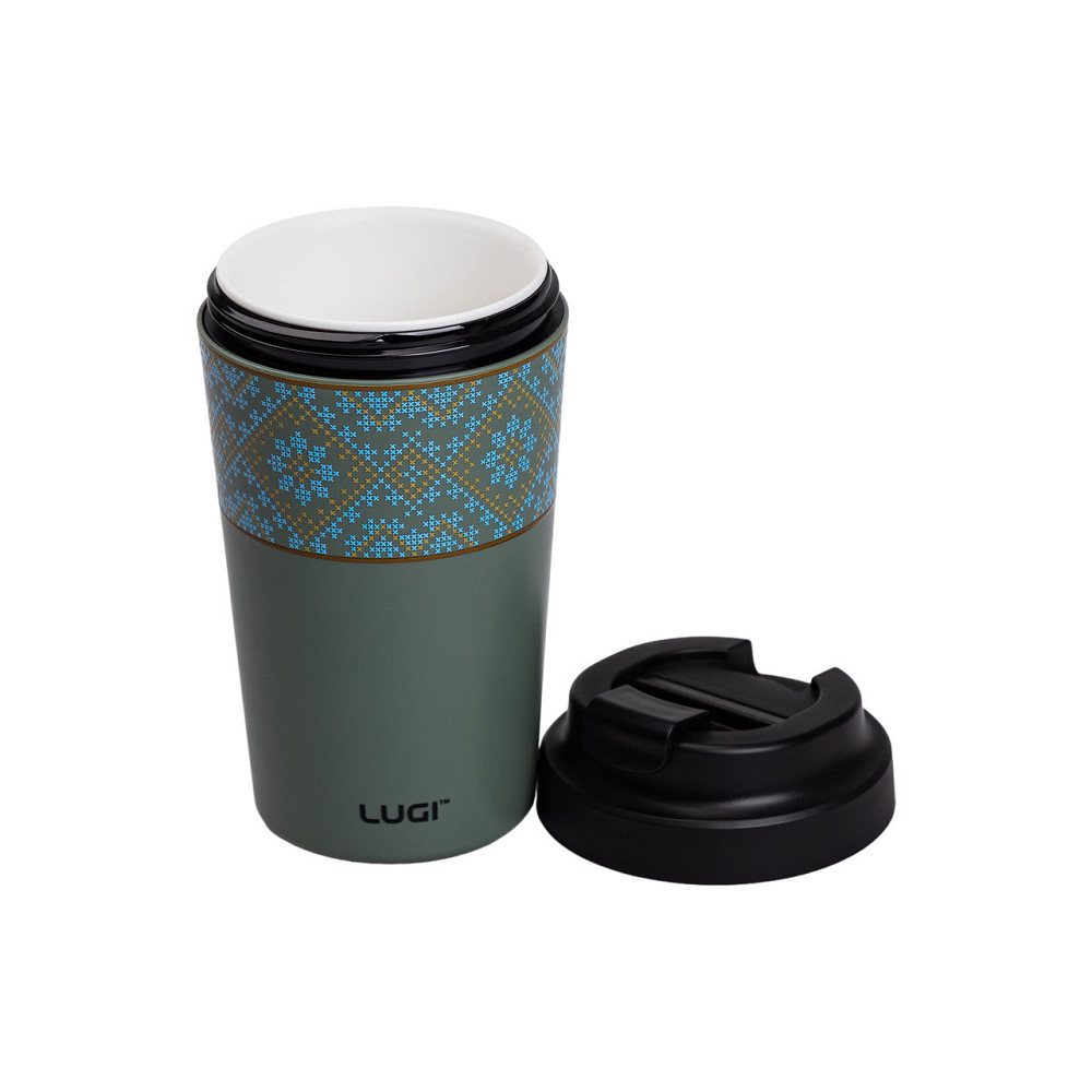 Термочашка Вышиванка с фарфоровой колбой 380 мл серо-зеленая HP-14-50GR Киев - изображение 3