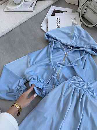 Жіночий прогулянковий оверсайз костюм двійка: кофта та штани турецький велюр Блакитний Одеса