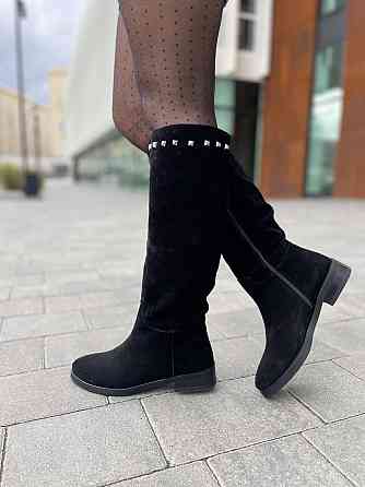 Nivelle Жіночі чоботи зимові з натуральної замші на низькому ходу чорні / Чоботи замшеві 5464/2 Коломыя