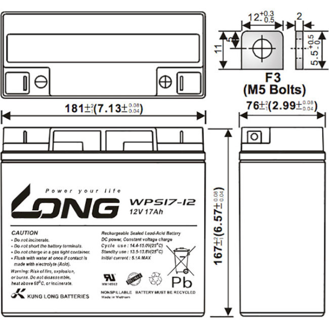 Акумуляторна батарея KUNG LONG WPS17-12 (12В, 17Агод) Київ - фото 2
