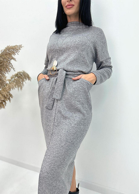 Довга ангорова сукня з поясом "Juliette" оптом | Батал Сірий, 50-52 Київ - фото 3