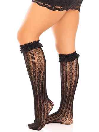 Гольфи ажурні Leg Avenue Sweetheart Ruffle Cuff Knee Highs, чорні, з рюшами, малюнок-сердечка Sex Aura Київ