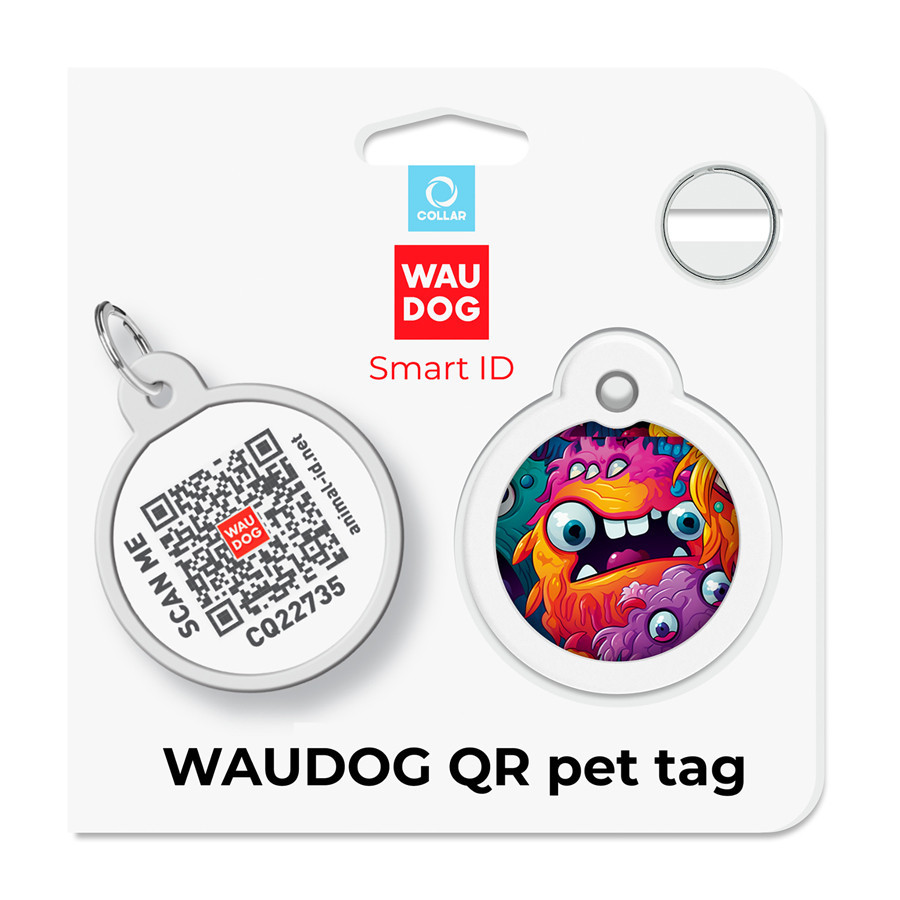 Адресник для собак і котів металевий WAUDOG Smart ID з QR паспортом, малюнок "Зубасті монстри", коло, Д 30 мм Київ - фото 5