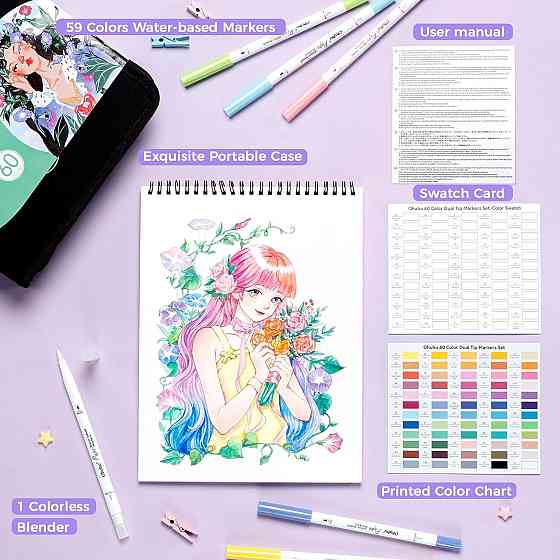 Набор маркеров Ohuhu Pupe Series 60 цветов двусторонние кисть+тонкая 1–5/0,4 мм водные без запаха для Киев