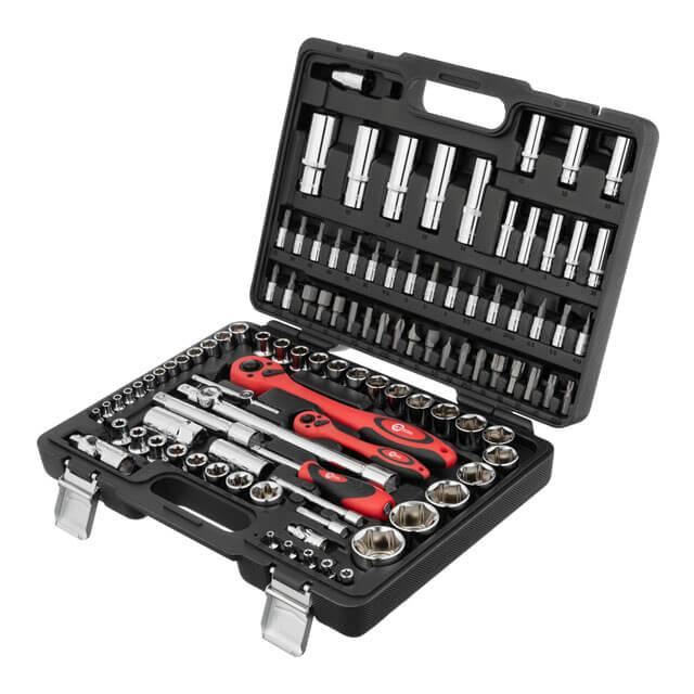 Набір інструментів, проф., 1/2" + 1/4", Cr-V, 108 од., головки: 6-гр. 4-32 мм, E4-E24, біти 35 од., подовж. головки: 6-22 мм, кейс Київ - фото 1