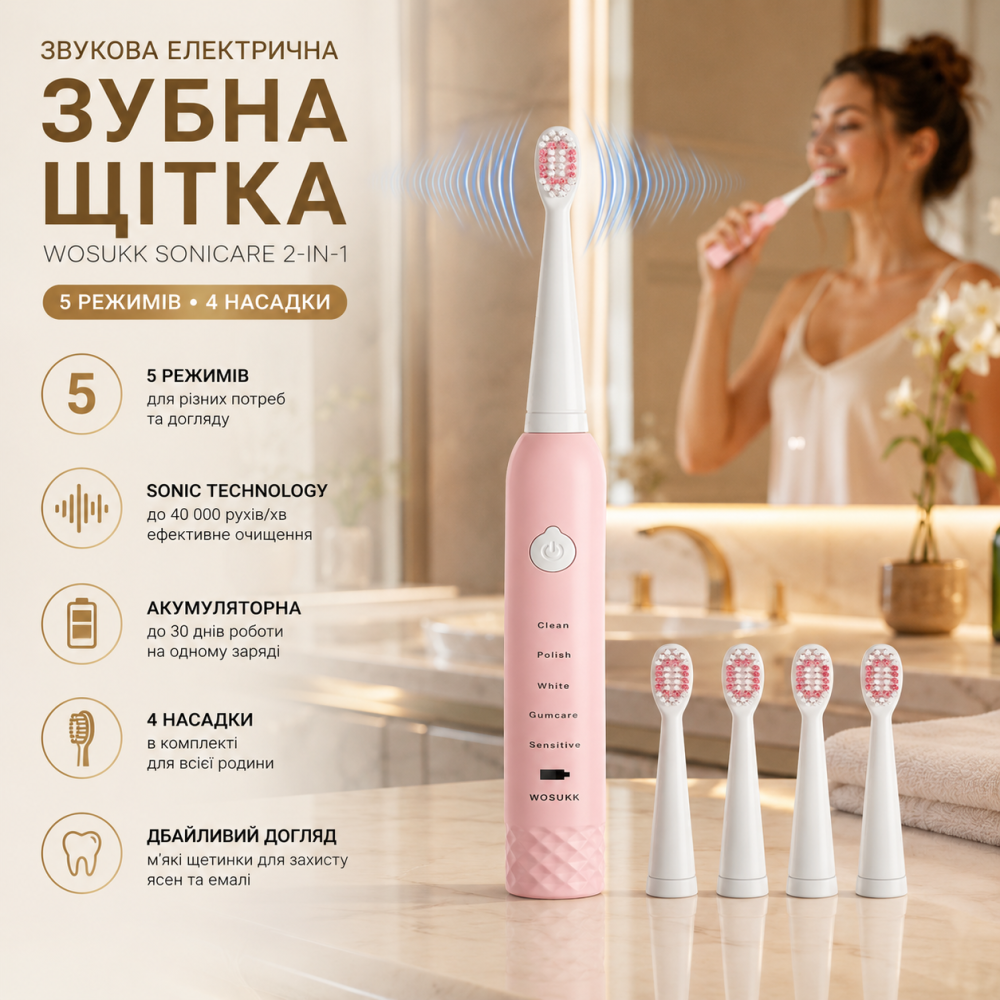 Звукова електрична зубна щітка WOSUKK Sonicare 2-in-1 Pink — Акумуляторна щітка на 5 режимів + 4 насадки Київ - фото 10