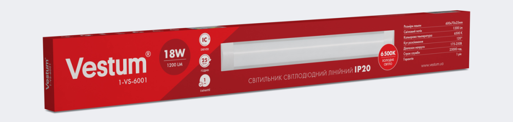 Світлодіодний лінійний світильник Vestum 0,6м 18W 6500K 220V IP20 1-VS-6001 Київ - фото 2
