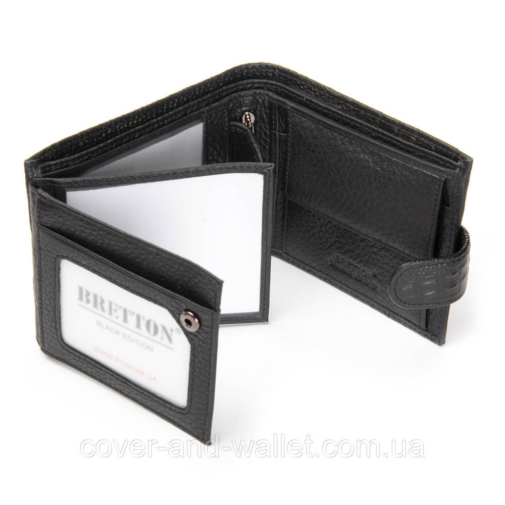 Чоловічий портмоне середнього розміру з натуральної чорної шкіри з тисненням під крокодила Bretton Київ - фото 6