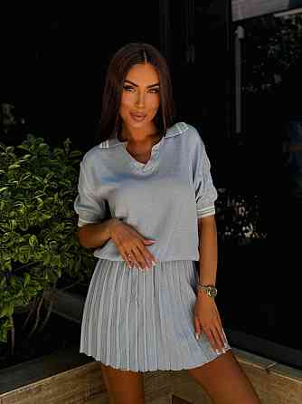 Женский стильный прогулочный костюм двойка: футболка поло + юбка вязка Голубой Одесса