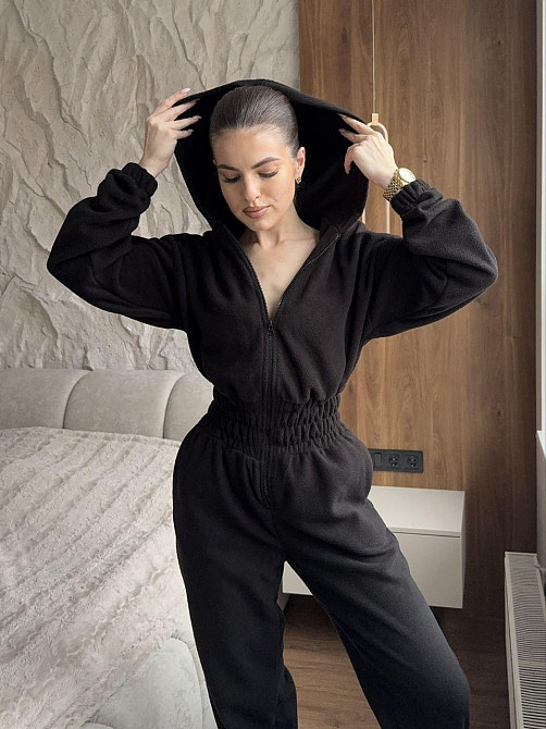 Женский теплый повседневный комбинезон с капюшоном турецкий флис Черный, 46/48 Одесса - изображение 1