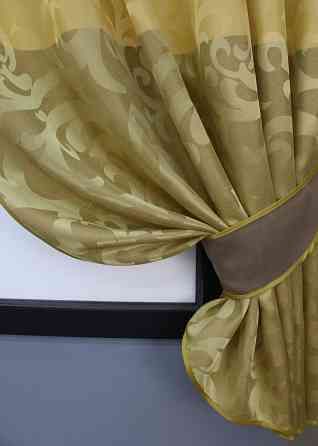 Кухонные шторы VR-Textil № 073к с ламбрекеном и подхватами золотистый с коричневым 270х150 см (59-953) Киев