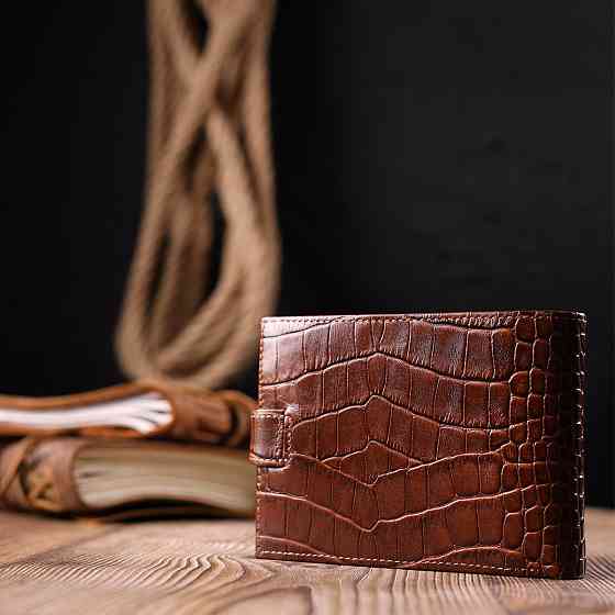 Интересный мужской кошелек из натуральной кожи с тиснением под крокодила KARYA 21202 Коричневый Киев