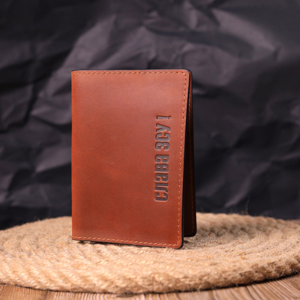 Интересная обложка на паспорт из винтажной кожи Слава ЗСУ GRANDE PELLE 16727 Светло-коричневая Киев - изображение 5