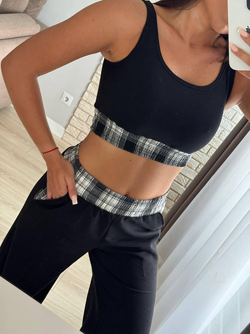 Жіночий прогулянковий костюм-трійка: сорочка в клітинку топ і штани фланель + двонитка Сірий, 46/48 Одеса - фото 2