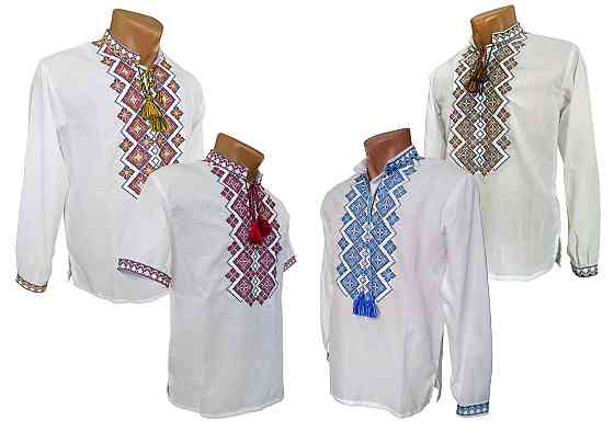 Чоловіча сорочка-вишиванка у святковому стилі з синім орнаментом Київ