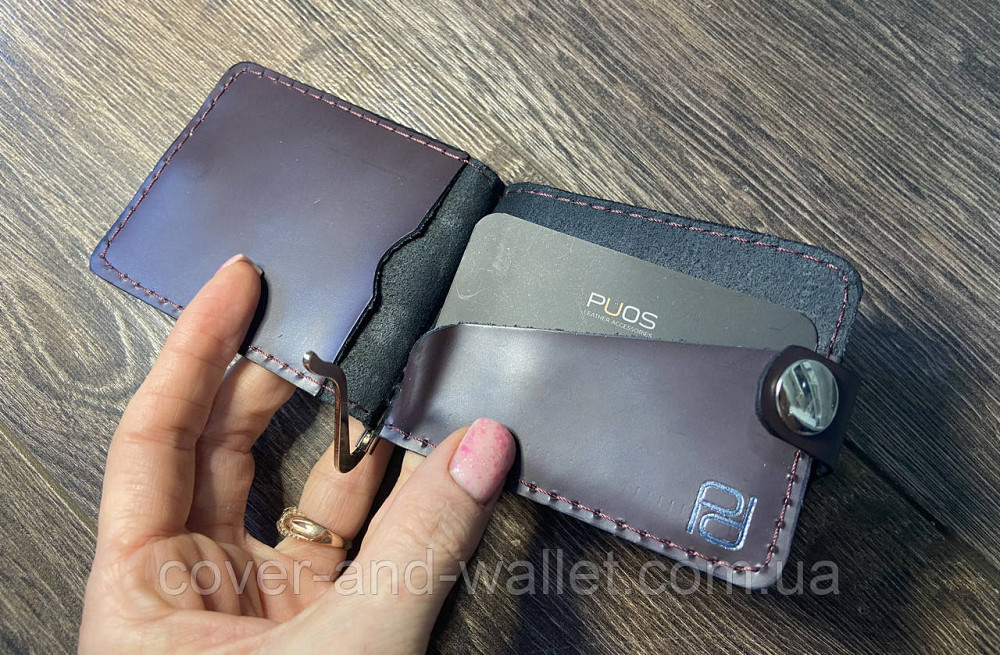 Тонкий шкіряний затискач для грошей на кнопці з кишенями для карток PUOS Київ - фото 4