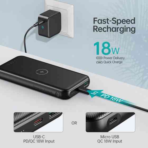 УМБ Choetech 10000mAh, 18W PD3.0/QC3.0, Wireless 10W, USB-C In/out, USB-A+Micro Li-pol чорна (B650-V2-CC-BK) Киев