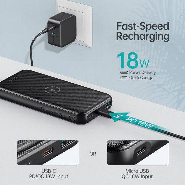 УМБ Choetech 10000mAh, 18W PD3.0/QC3.0, Wireless 10W, USB-C In/out, USB-A+Micro Li-pol чорна (B650-V2-CC-BK) Киев - изображение 4