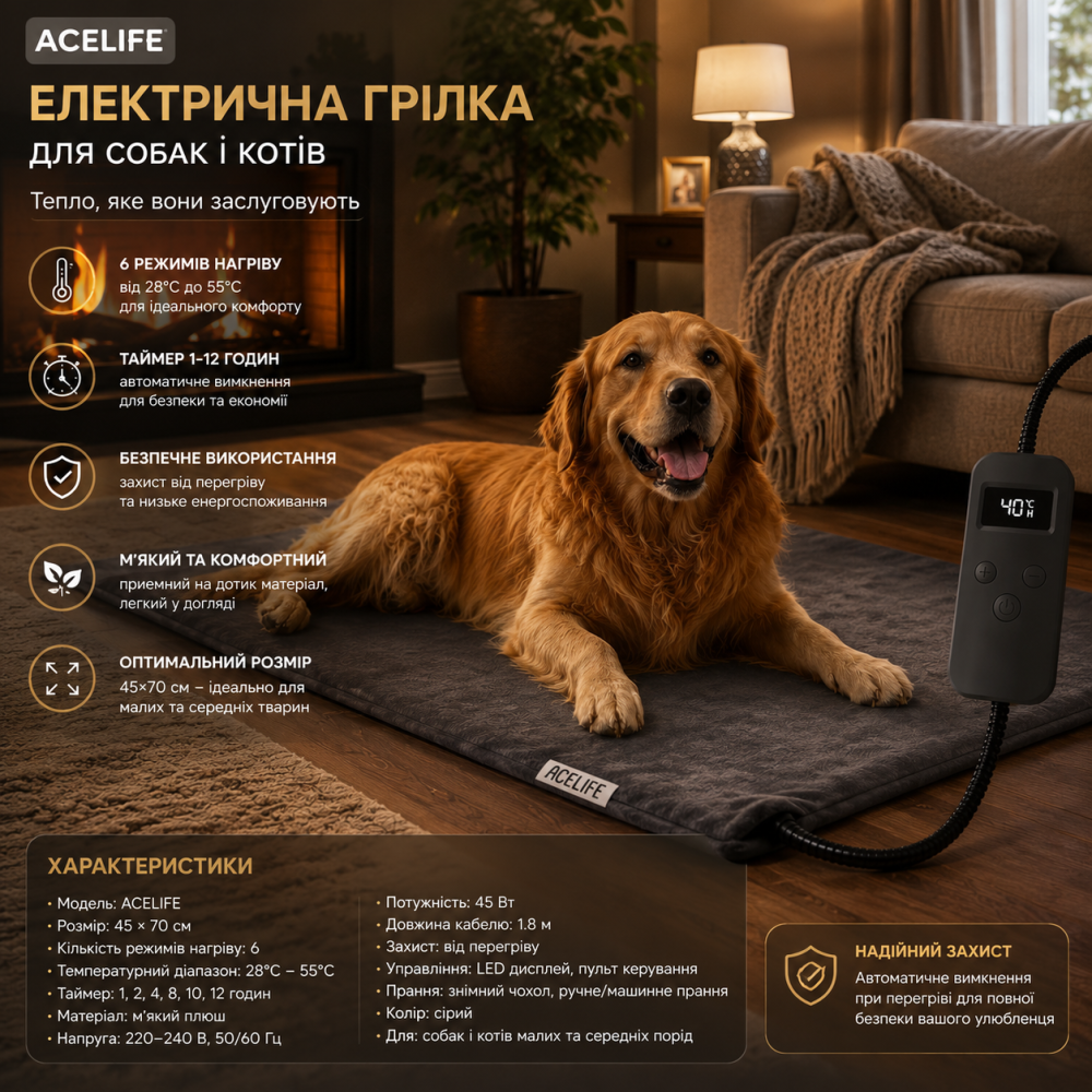Електрична грілка для собак і котів ACELIFE 45×70 см, нагрівальний килимок, 6 режимів, таймер 1–12 годин, регулювання температури Київ - фото 9