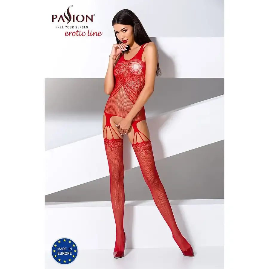 Бодістокінг Passion BS070 red, комбінезон, імітація панчох і ажурного топа Львів - фото 2