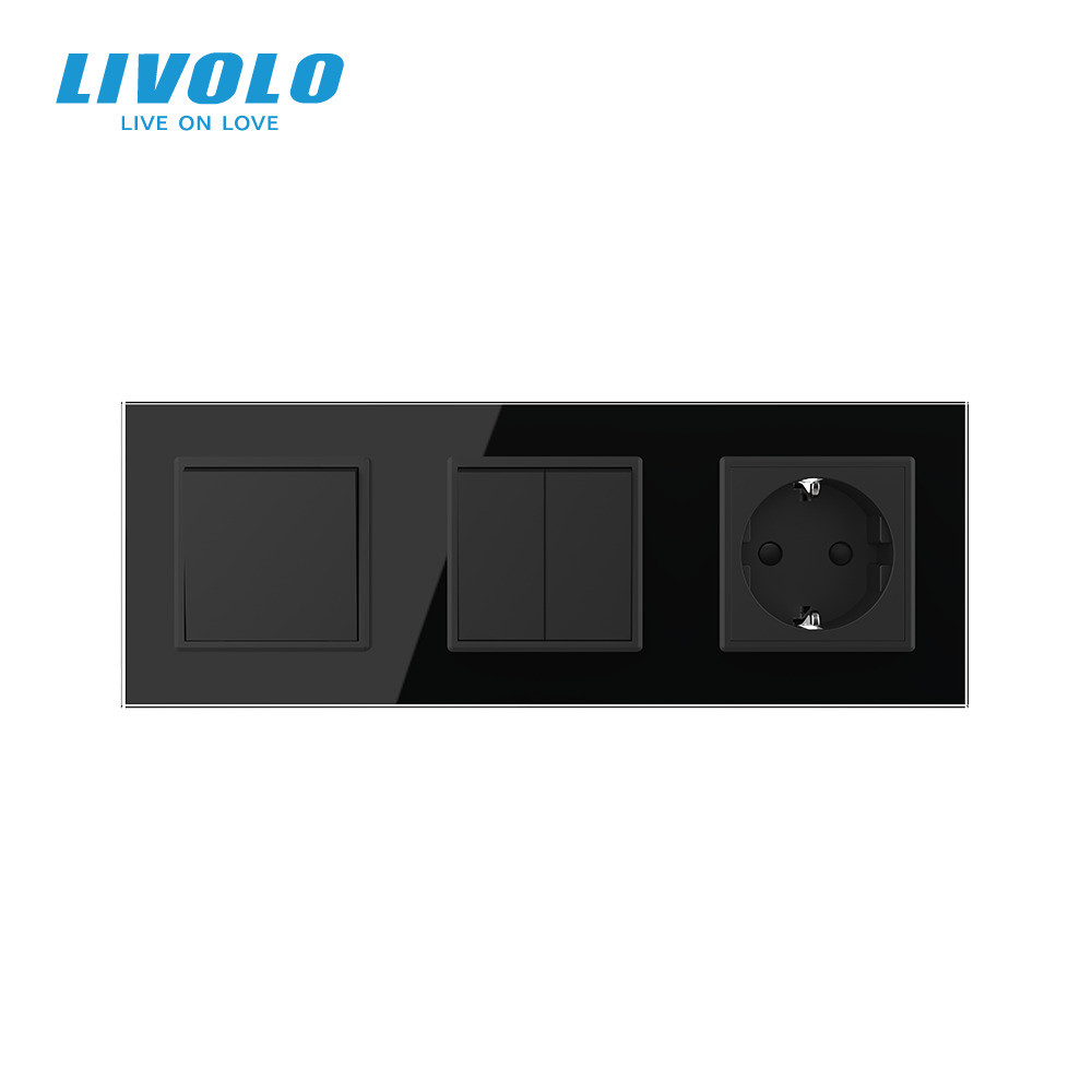 LIVOLO Трьохклавішний вимикач (1-2) з розеткою LIVOLO чорний матовий скло Коломия - фото 6