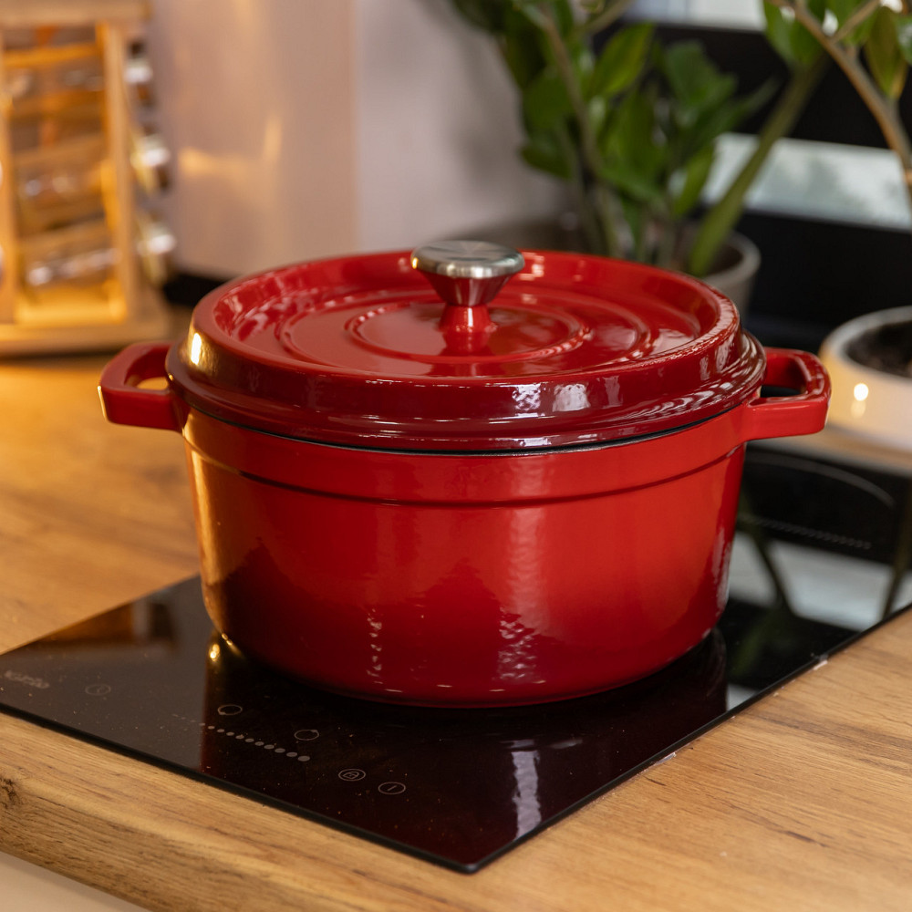 Каструля чавунна 4.5 л емальована з кришкою посуд для тушкування запікання томління кухонна Червона HP-1-19-RED Коломия - фото 8