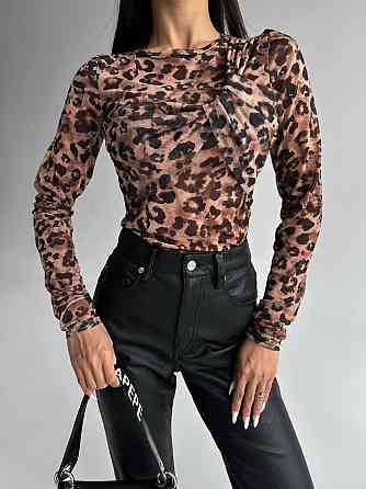 Женский леопардовый лонгслив с имитацией лифа стрейч сетка Одесса