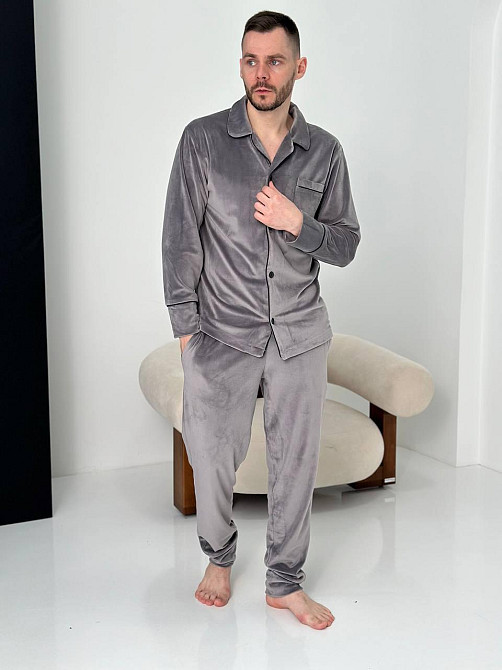Пижама мужская велюровая на пуговицах Серый XXL Харьков - изображение 4