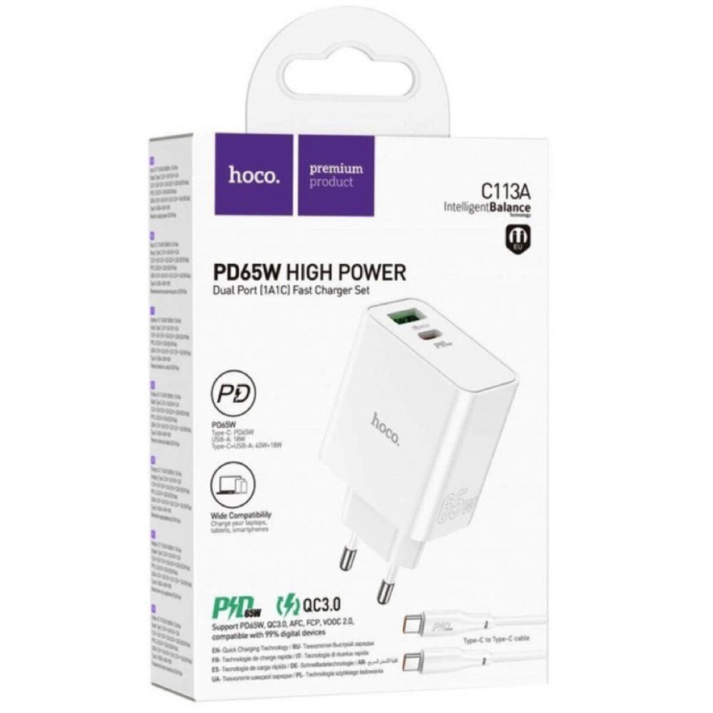 Мережевий зарядний пристрій HOCO C113A Awesome PD65W dual port(1A1C) charger White Киев - изображение 3