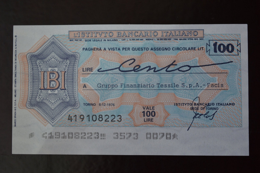 Чек. Италия 100 Лир 1976год (ЧК-1) ЛОТ 8 Полтава - изображение 1