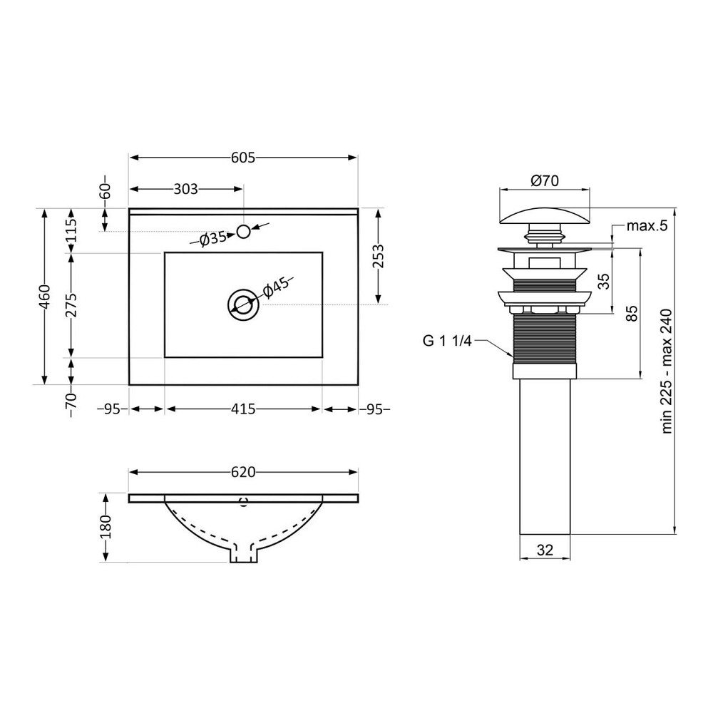 Комплект Albatross: Раковина врезная мебельная 620x460x180 мм, White, прямоугольная + Донный клапан Pop-up PU02O Киев - изображение 2