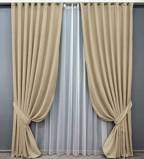 Комплект штор VR-Textil Мікровелюр SPARTA 200х270 2шт і Тюль 600х270 1192ш-1153т Бежевий з білим 71-121/7 Київ - фото 1