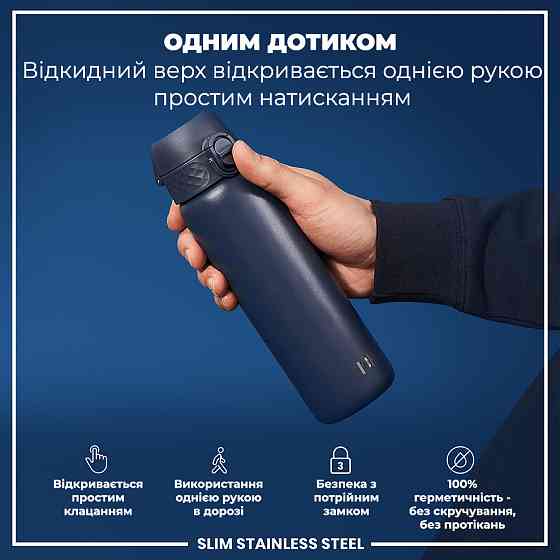 Пляшка для води металева ION8 600 мл. Stainless Steel , Ash Navy Каменское