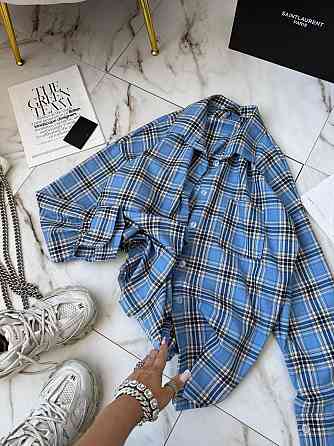 Женская стильная оверсайз рубашка в клетку фланель 100% коттон Голубой Одесса