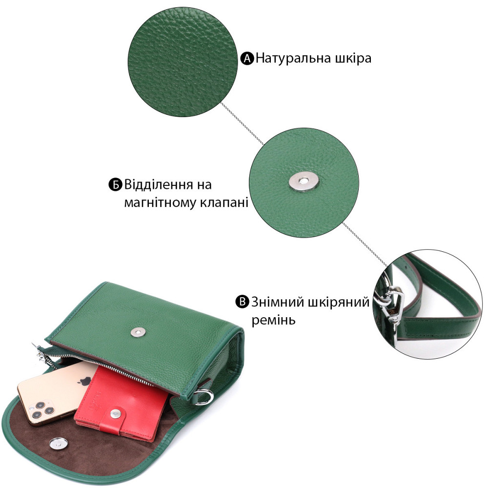 Компактная женская кожаная сумка с полукруглым клапаном Vintage 22260 Зеленая Киев - изображение 5