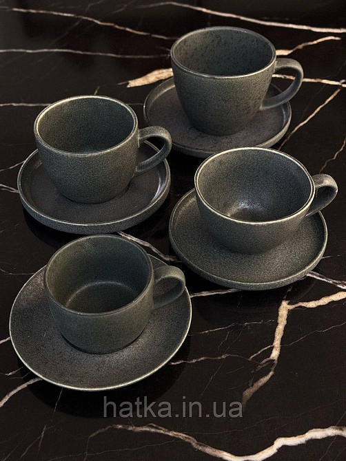 Набір чашок з блюдцем 300 мл 4 ч/4 бл чорний Olens "Шайні-дот" кераміка 101-0404 для дому та ресторану Київ - фото 4