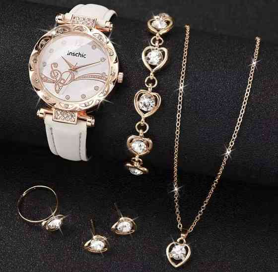 Подарочный набор для женщин Сердце наручные часы браслет ожерелье кольцо серьги без подарочной коробки белый Киев