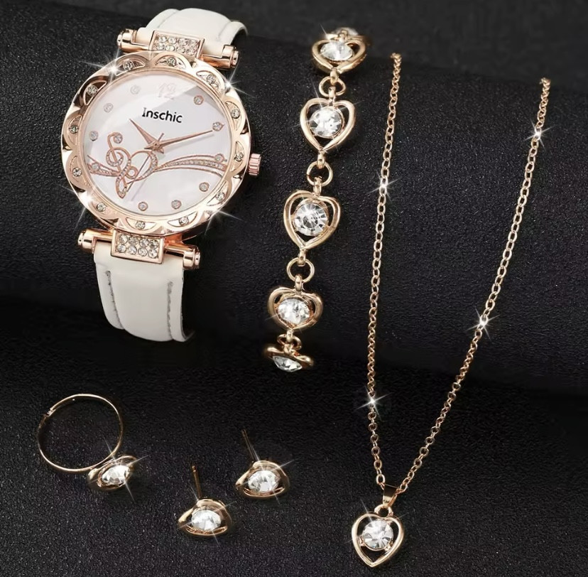 Подарочный набор для женщин Сердце наручные часы браслет ожерелье кольцо серьги без подарочной коробки белый Киев - изображение 2