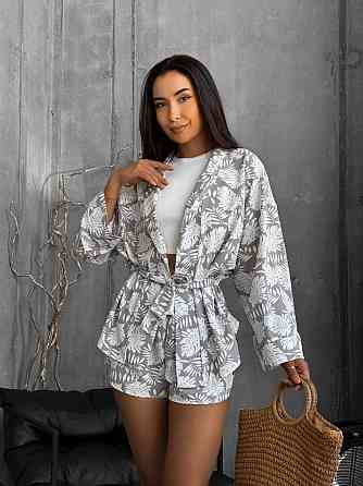 Женский летний принтованный костюм двойка: рубашка-кимоно и шорты софт Одесса