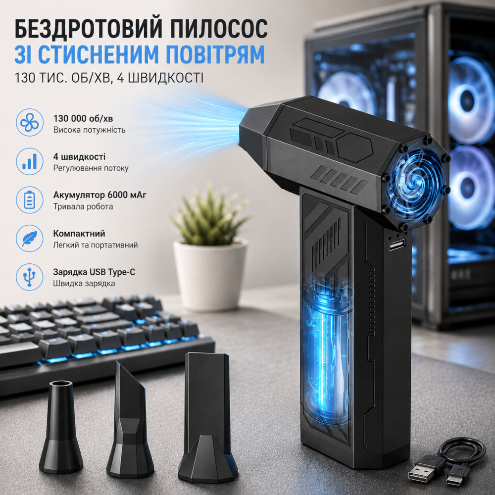 Беспроводной электрический пылесдув WERTYI 130000 об/мин, 4 скорости, 4000 мАч, USB-C, 4 насадки для ПК и авто Киев - изображение 1