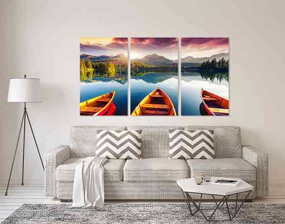Модульная картина в гостиную / спальню   Гірське озеро з човнами      ART-306_3A 70х130 см Киев