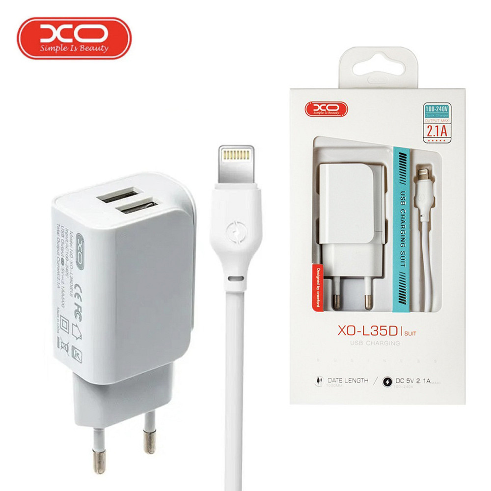 Мережевий зарядний пристрій з кабелем USB - Lightning XO L35D 2USB/2.1A Білий Кам'янець-Подільський - фото 4