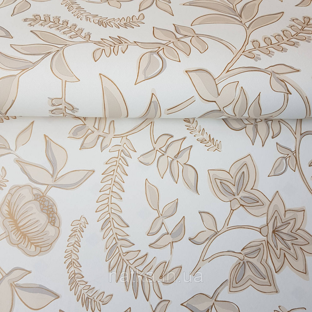 Шпалери вінілові на флізелін Caselio Mystery 0.53х10 м дитячі яскраві квіти листя бежеві, сірі на білому тлі Київ - фото 1