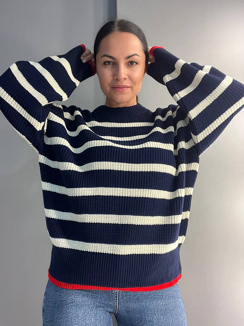 Свитер женский MIX RAY 6635 полоска оверсайз удлиненный свободный крой, темно-синий, one size Киев - изображение 1