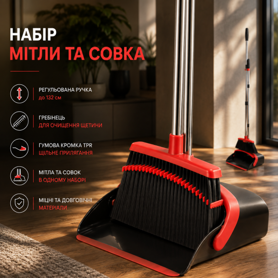 Набор веника и совка Nacena K064, 132 см, регулируемая ручка, гребень для очистки щетины, резиновый край TPR, черный-красный Киев