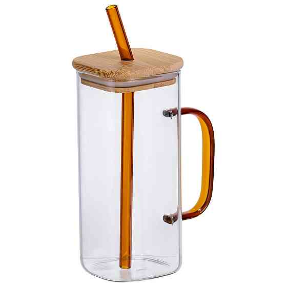 Скляна чашка 400 мл з бамбуковою кришкою і золотистою трубочкою HP-19-146GOLD Коломыя