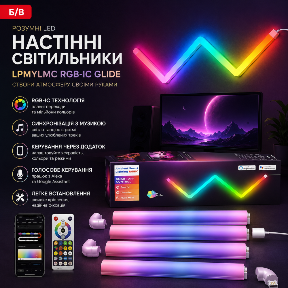 Розумні LED настінні світильники LPMYLMC RGB-IC Glide: 7 сегментів, Синхронізація з музикою, Керування App/Voice (Б/в) Київ - фото 11