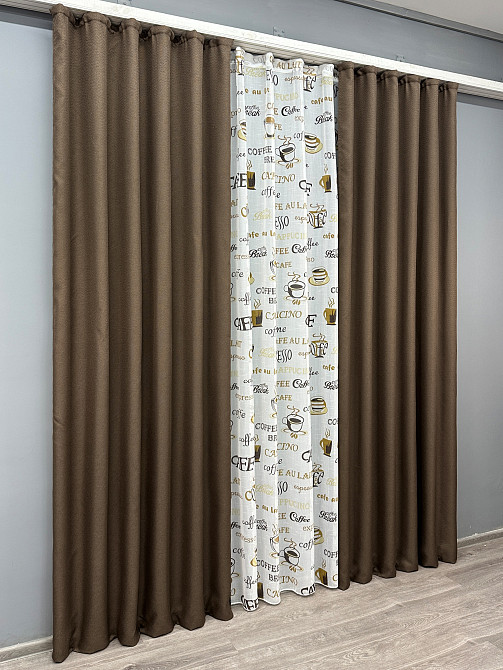 Комплект штор VR-Textil Льон Мішковина 100х270 2шт і Тюль 300х270 277ш-1858т Коричневий з білим 71-066/1 Київ - фото 3